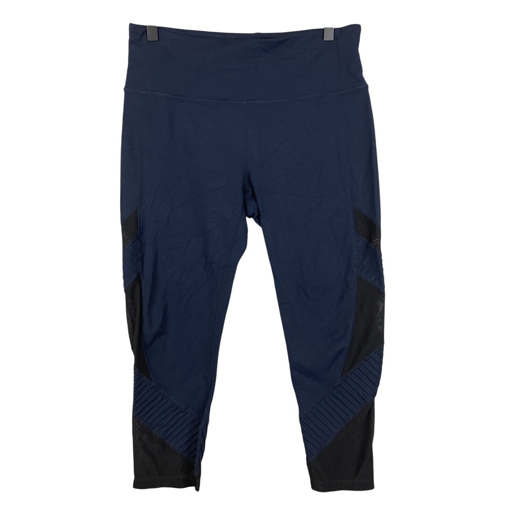 Athleta Leggings Women Large Navy Blue Moto Mesh Ribbed High Rise‎ Crop Capri